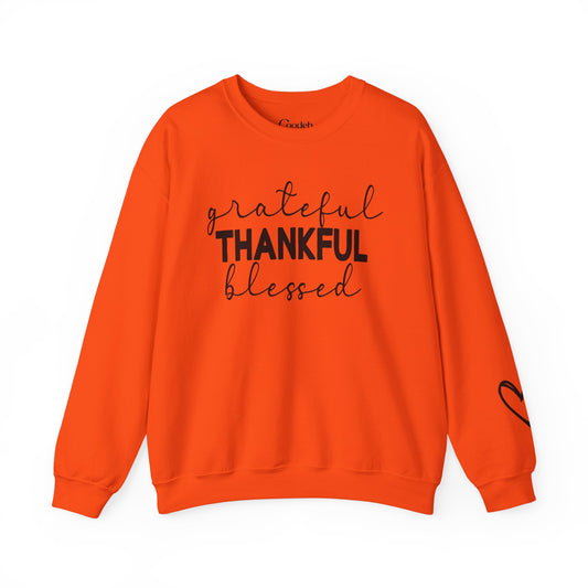 Grateful Thankful Blessed Crewneck Sweatshirt front graphic design