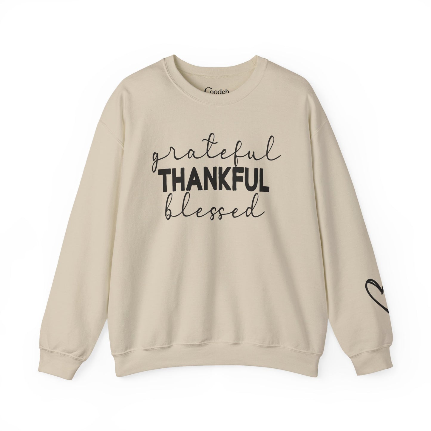 Grateful Thankful Blessed Crewneck Sweatshirt chest graphic detail