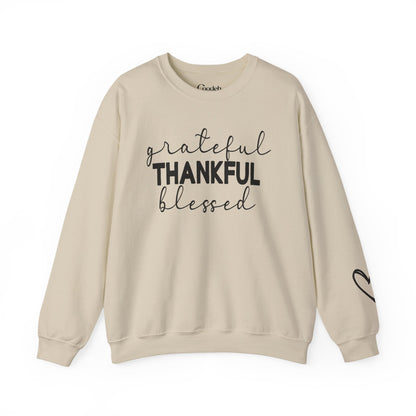 Grateful Thankful Blessed Crewneck Sweatshirt chest graphic detail