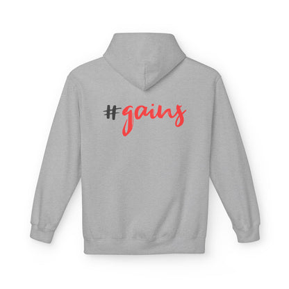 Gains Workout Hoodie for Fitness Lovers front graphic detail