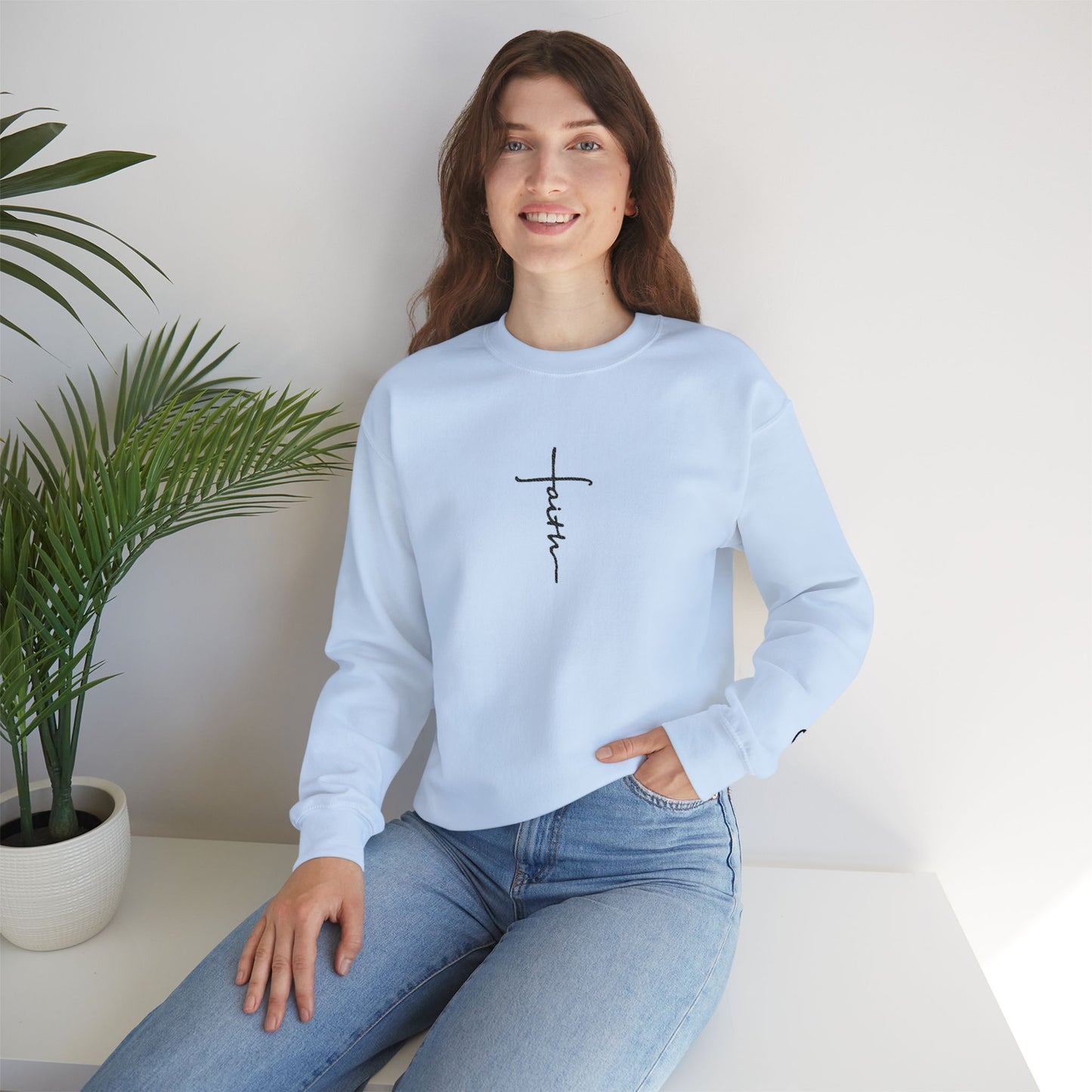Faith Cross Script Crewneck Sweatshirt cotton blend fabric