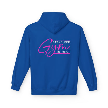 Eat Sleep Gym Repeat Motivational Fitness Hoodie detail photography shot