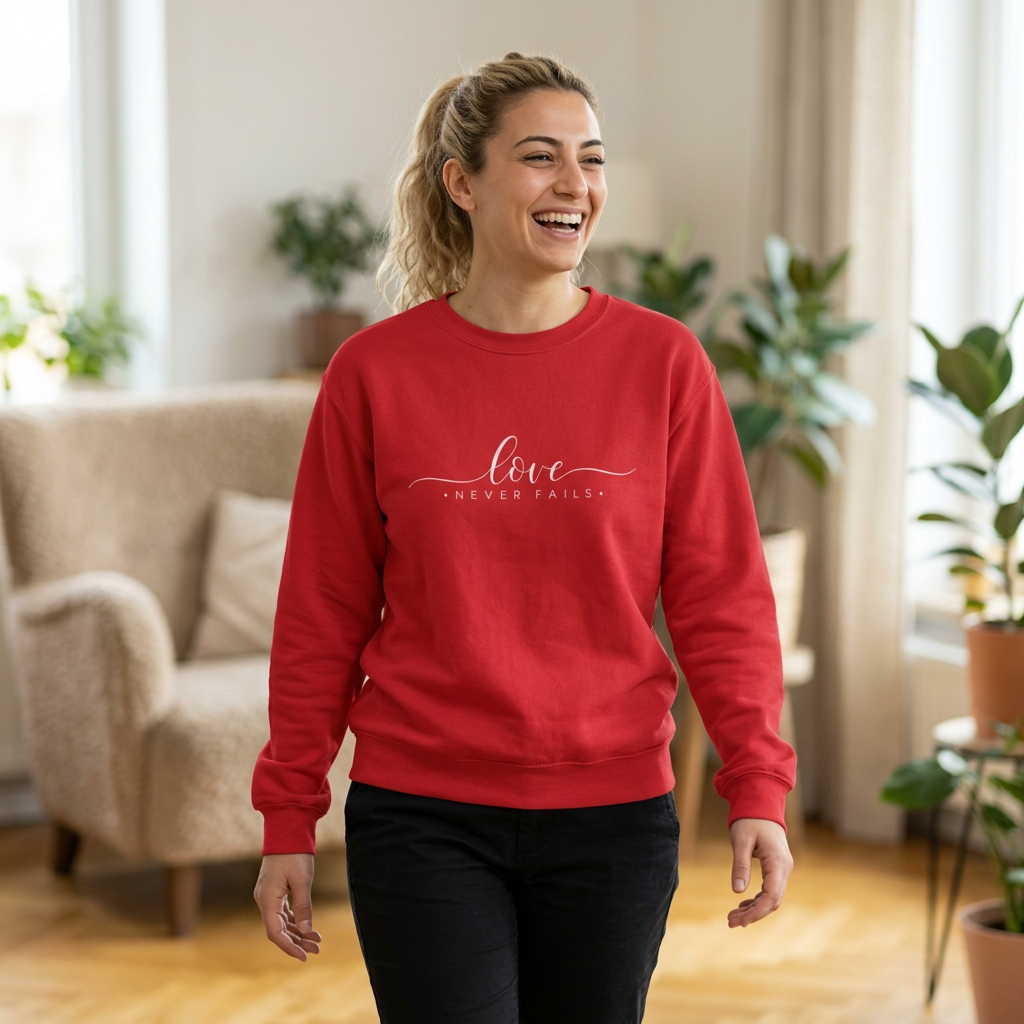 Love Never Fails Crewneck Sweatshirt back design