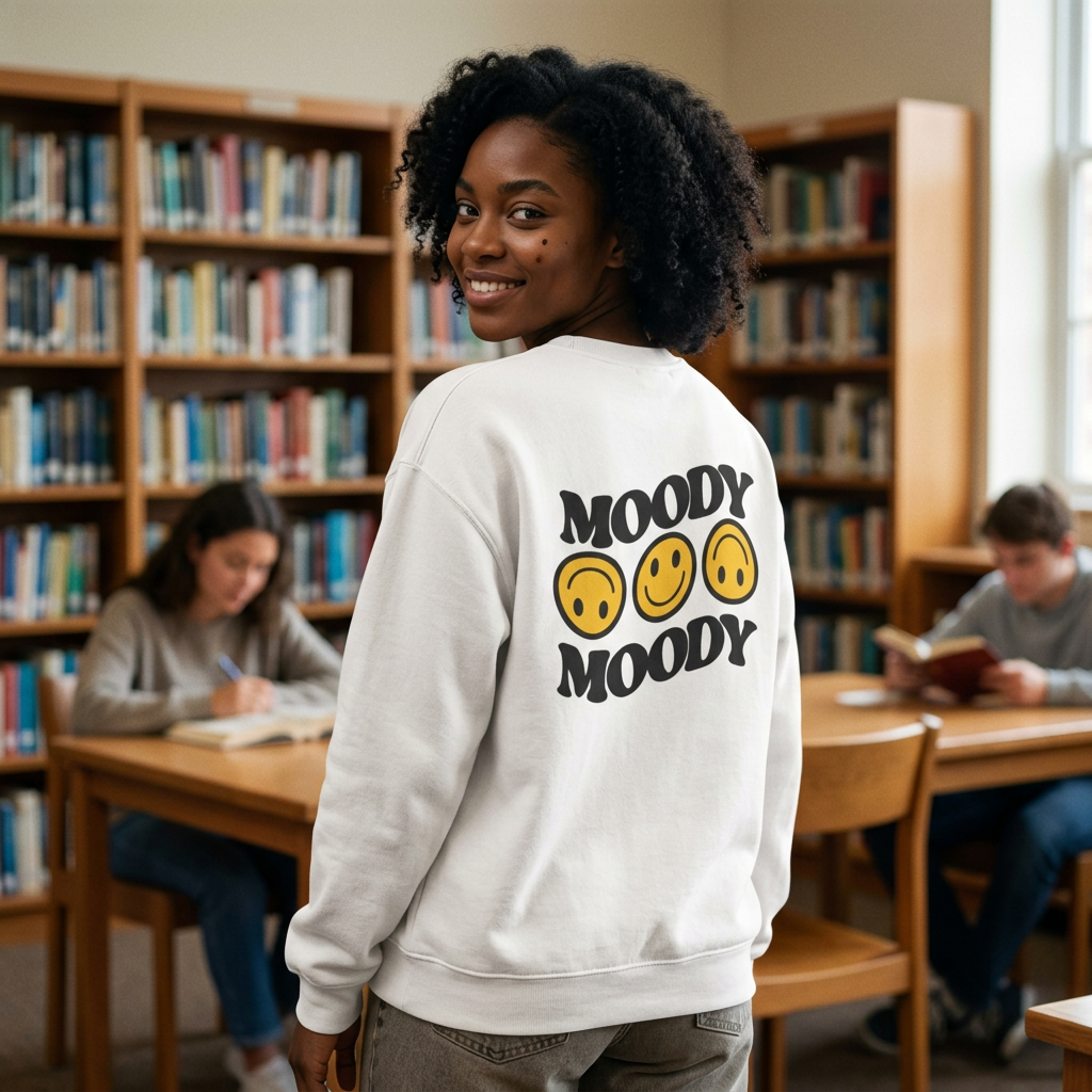 Moody Faces crewneck sweatshirt with retro smiley face graphic