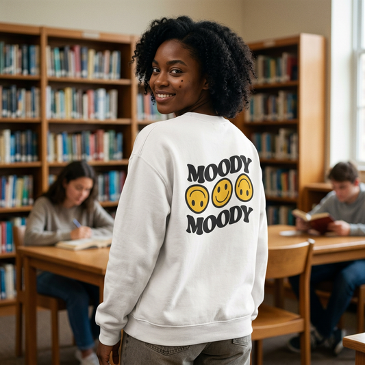 Moody Faces crewneck sweatshirt with retro smiley face graphic