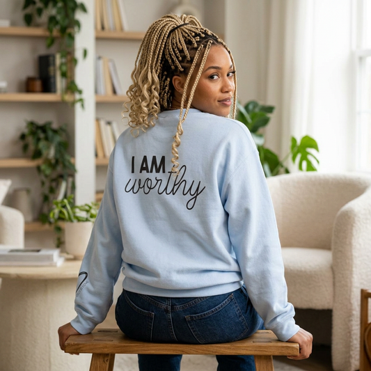 I Am Worthy crewneck sweatshirt with inspirational quote