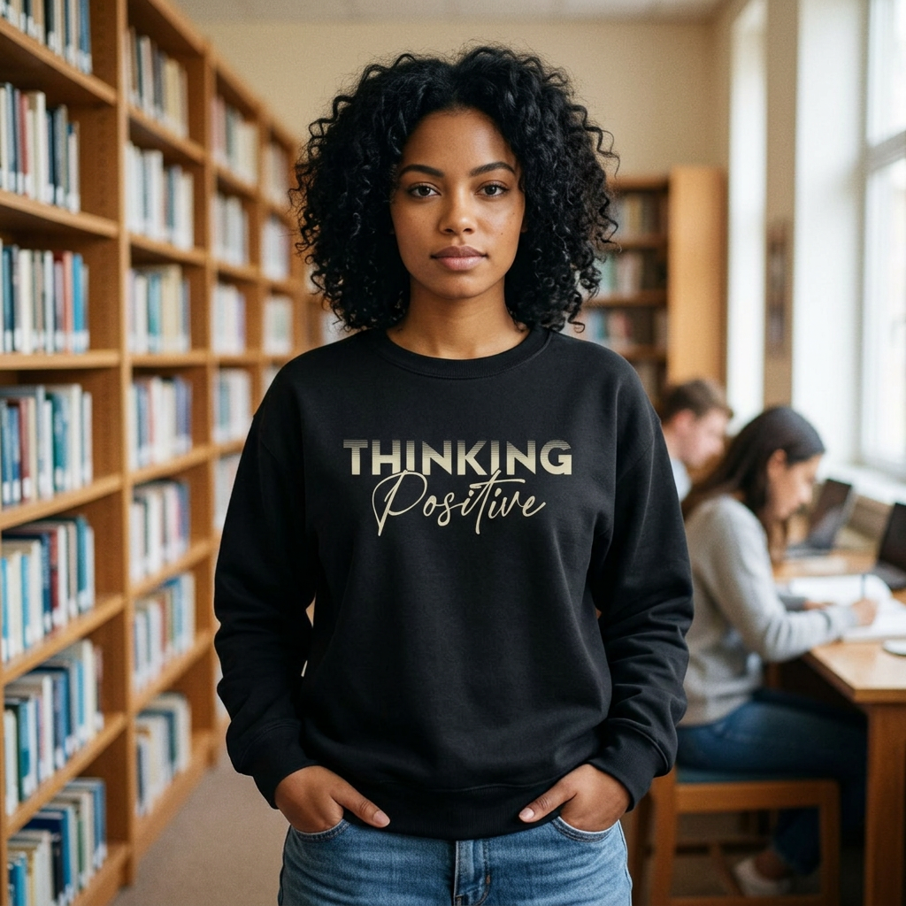 Thinking Positive crewneck sweatshirt with inspirational graphic