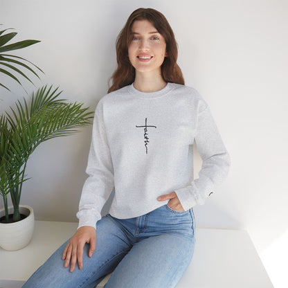 Faith Cross Script Crewneck Sweatshirt worn by model