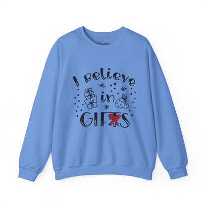 I Believe in Gifts Crewneck Sweatshirt worn by model