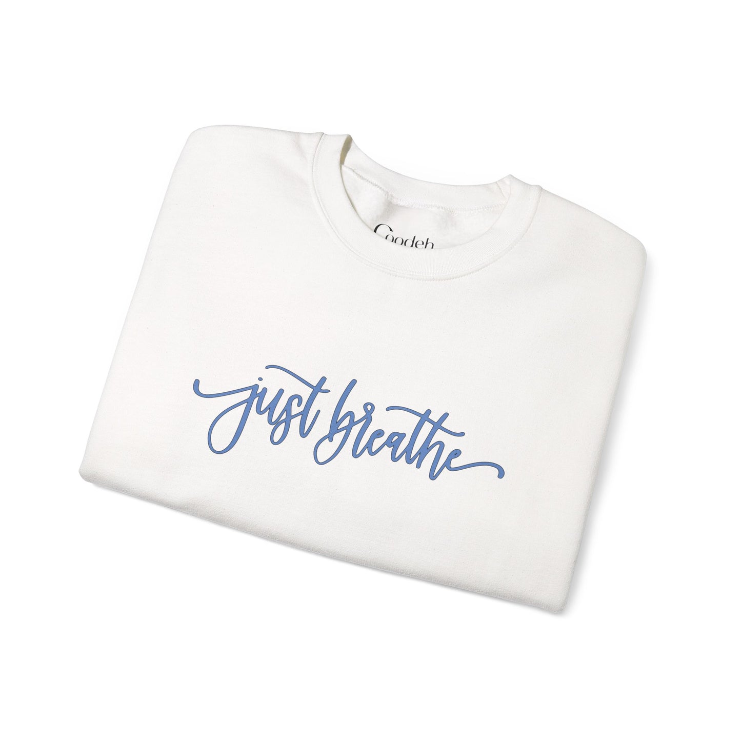 Just Breathe crewneck sweatshirt with inspirational graphic