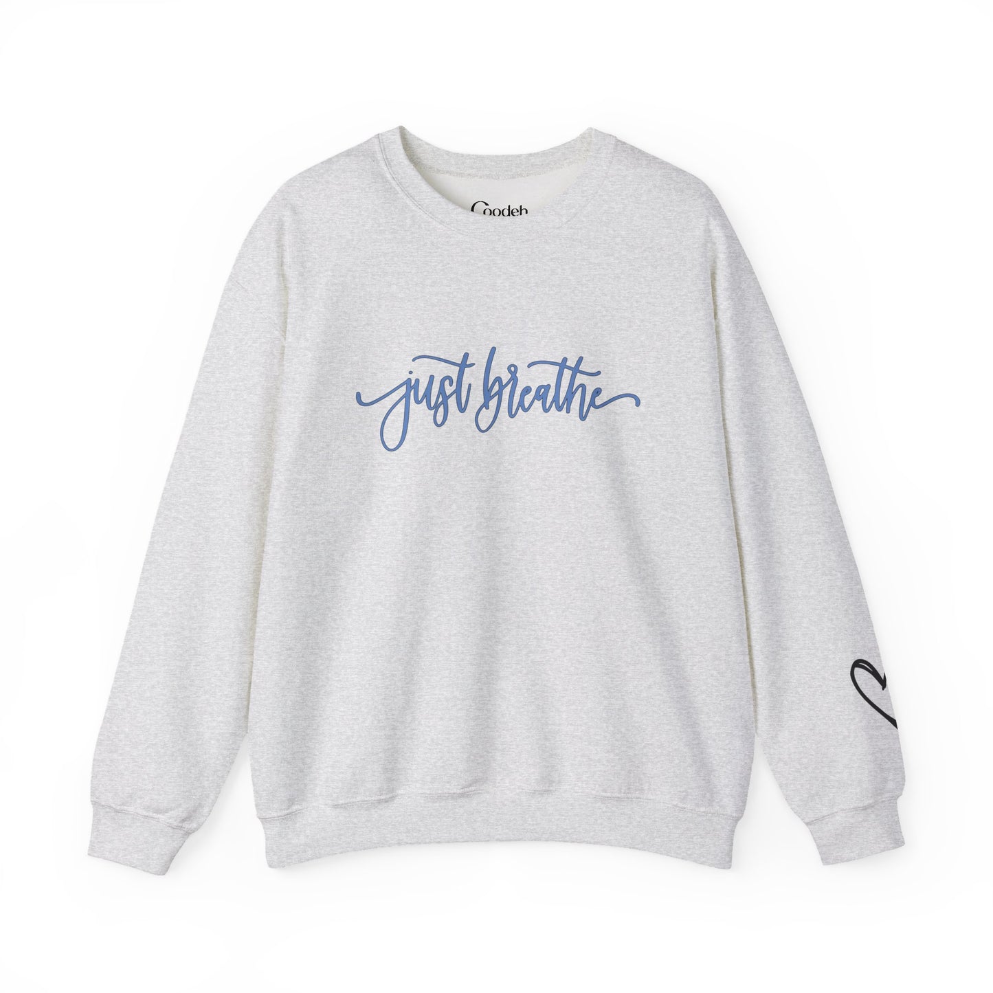 Just Breathe crewneck sweatshirt with inspirational graphic