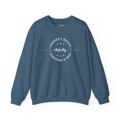 Stressed Blessed Mom Sometimes a Mess Crewneck Sweatshirt flat lay image