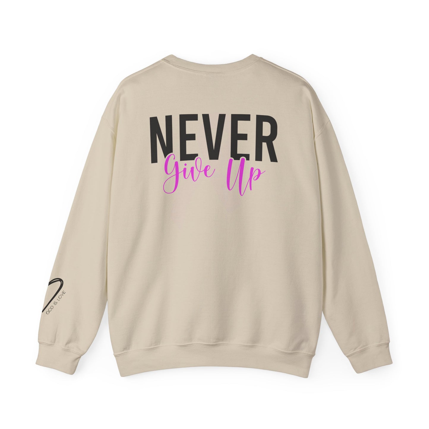 Never Give Up Crewneck Sweatshirt close up view
