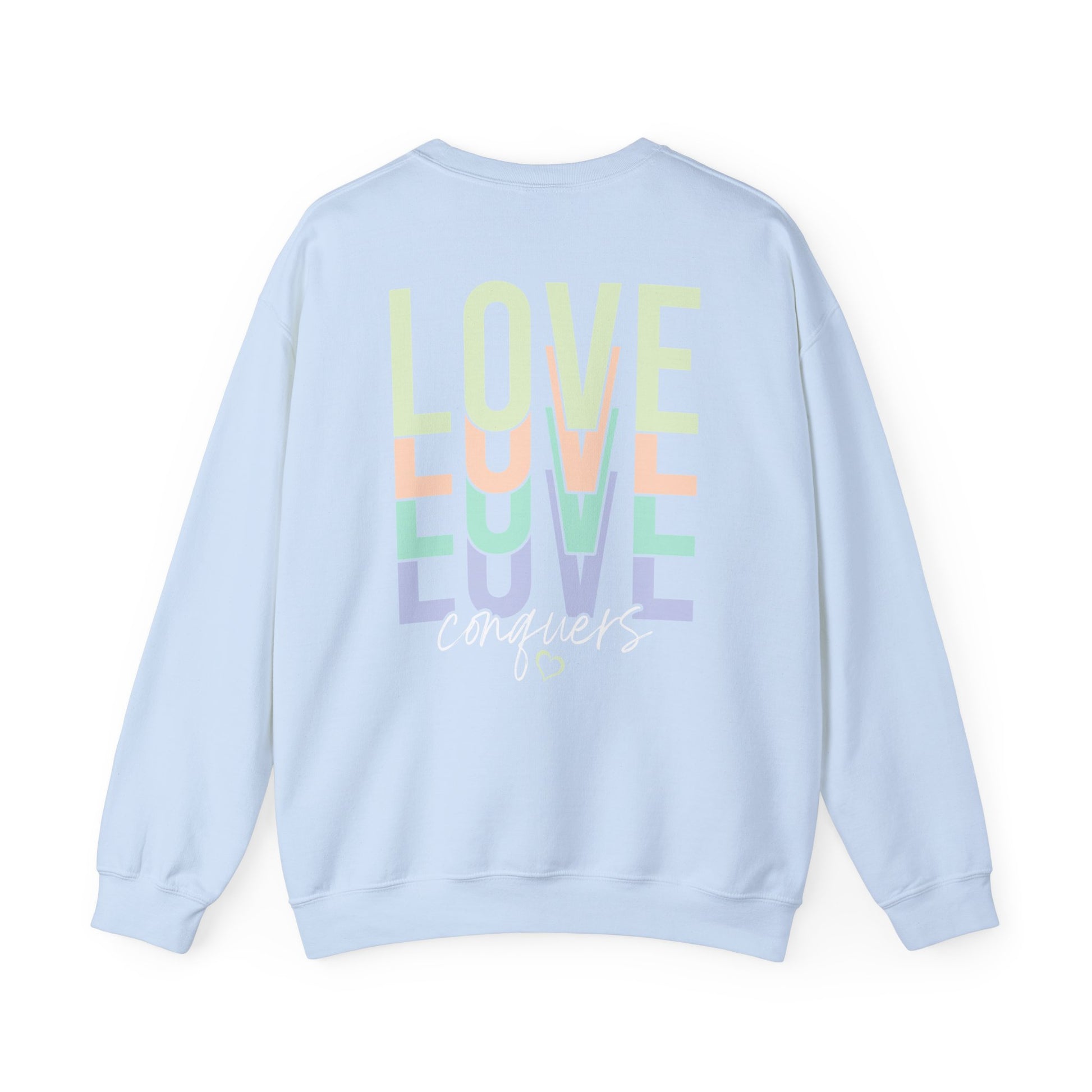 Love Conquers Crewneck Sweatshirt durable stitching detail