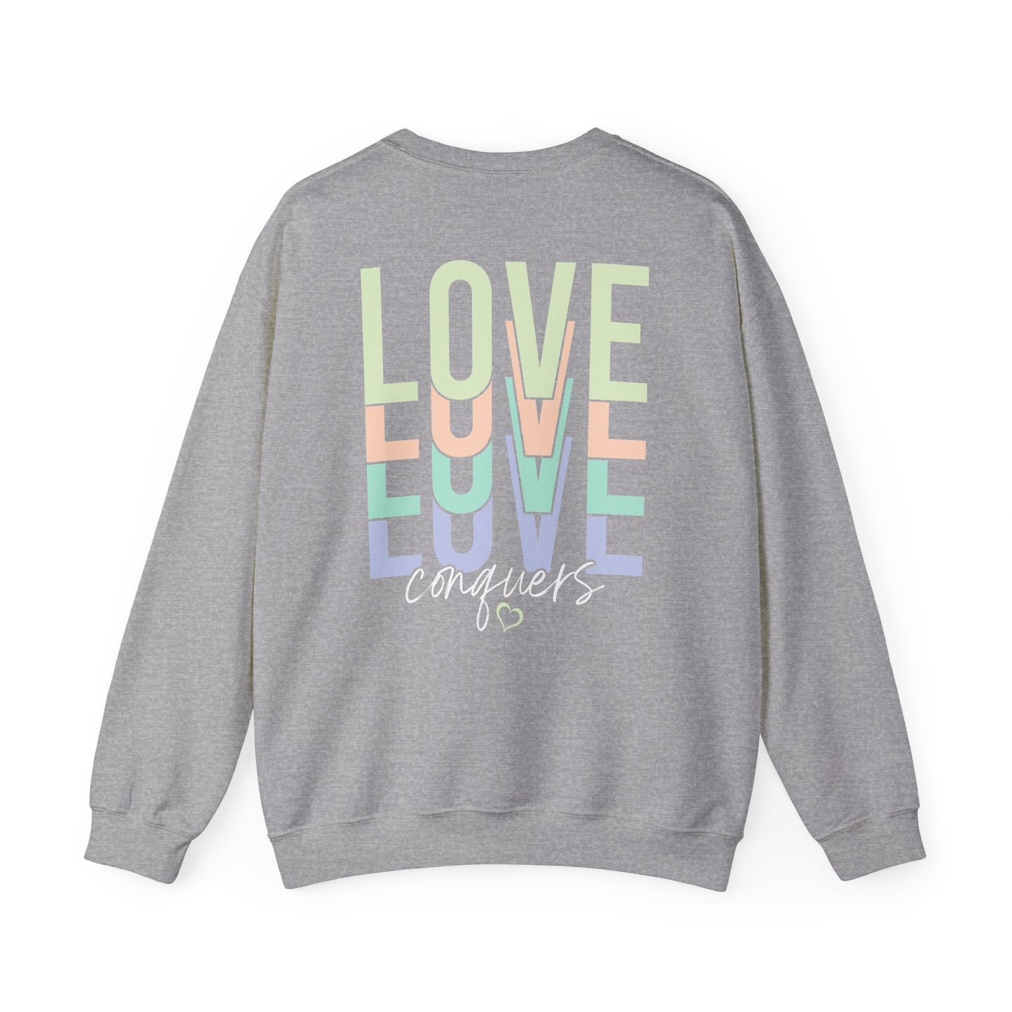 Love Conquers Crewneck Sweatshirt ribbed collar detail
