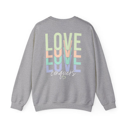Love Conquers Crewneck Sweatshirt ribbed collar detail