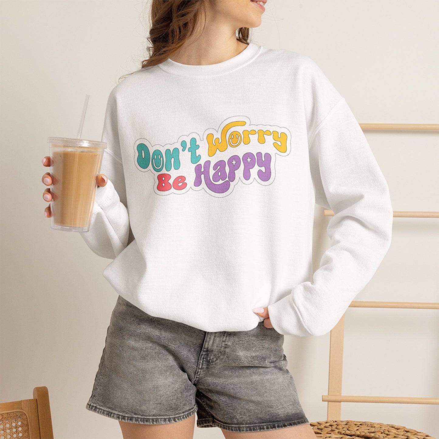 Don't Worry Be Happy Crewneck Sweatshirt graphic design detail