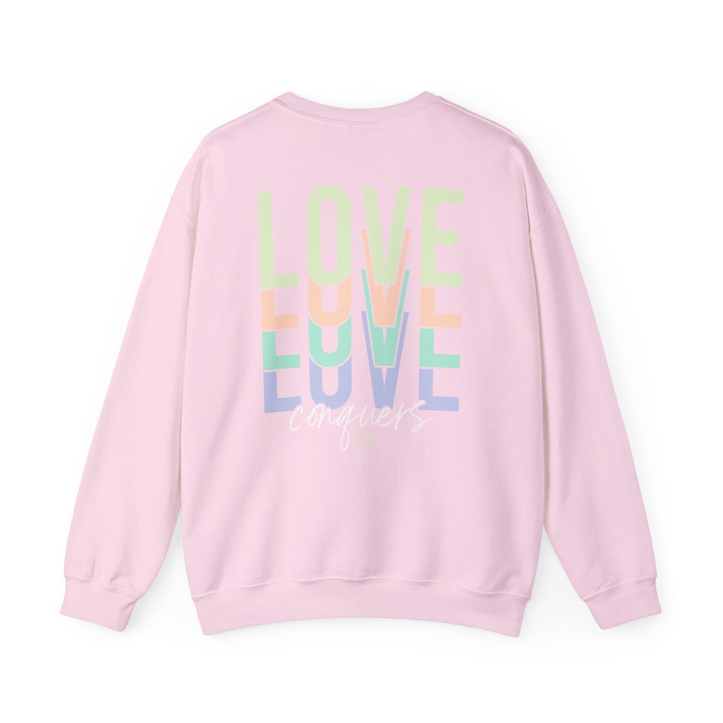 Love Conquers Crewneck Sweatshirt front graphic detail