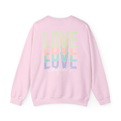 Love Conquers Crewneck Sweatshirt front graphic detail